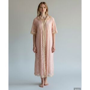 Vintage 1960s Odette Barsa Pink Lace Maxi Duster Robe Royalcore Regencycore M/L